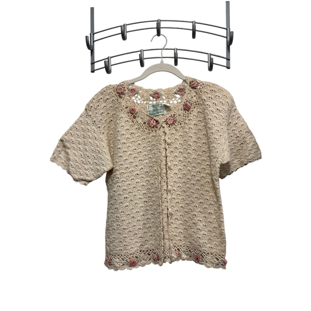 Colleens Collectables Vintage Ivory Crochet Floral Cardigan S hand knit cottage
